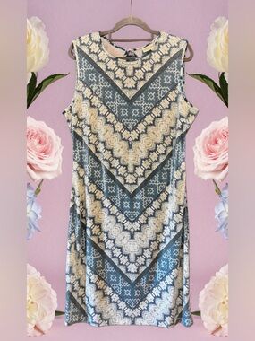 New York & Co. Eva Mendez Blue & Cream Sequin Mosaic Print Sleeveless Dress